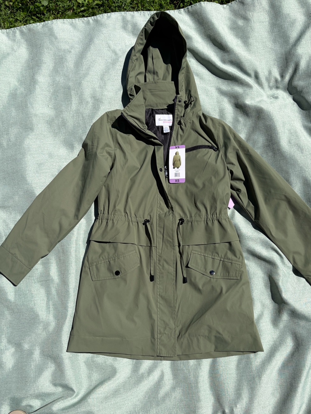 Two by Vince Camuto Olive Hooded Drawstring Trench Coat